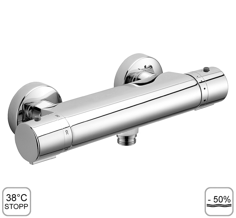 DIBL'therm eco Thermostat-Brausebatterie zur Aufputzmontage, geeignet bei vertauschtem Kalt- und Warmwasseranschluss, ohne Brausezubehör