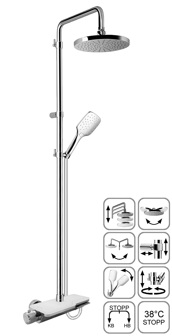 DIBL'therm eco Thermostat-Brausebatterie zur Aufputzmontage, mit Glasablage, mit Bedientasten, inklusive Brauseaufsatz-Kombination